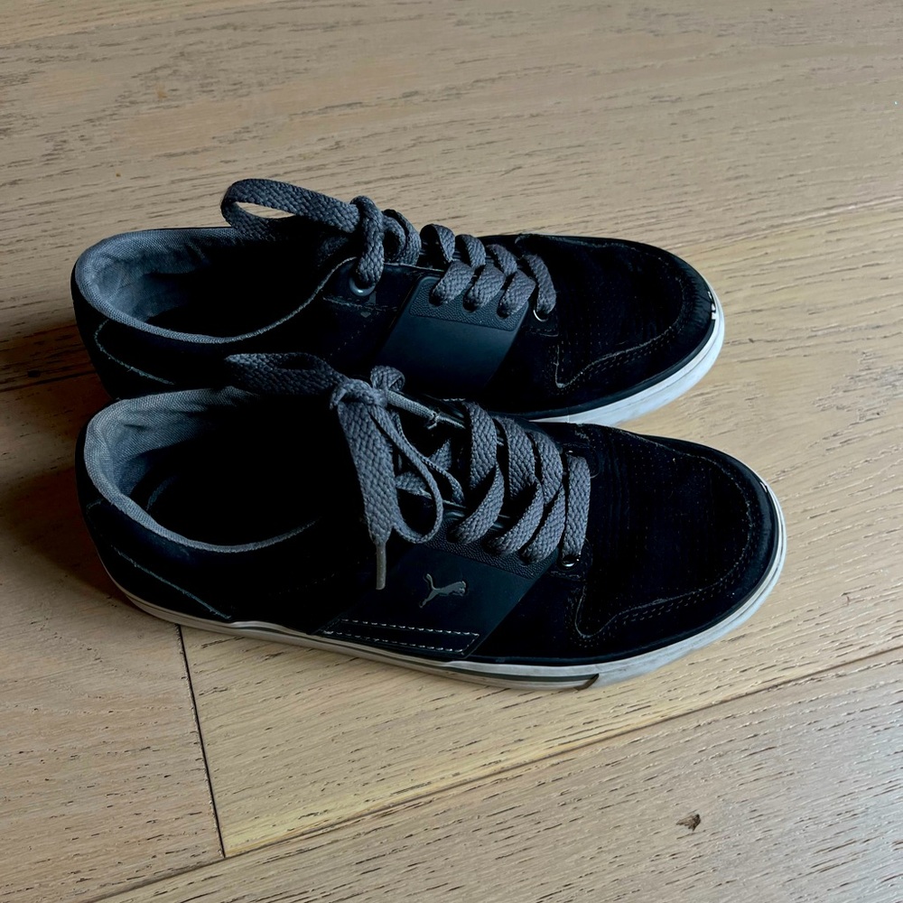 PUMA El Ace Core Black Charcoal Gray Leather Sneakers Low Top Lace Up Shoes Boys